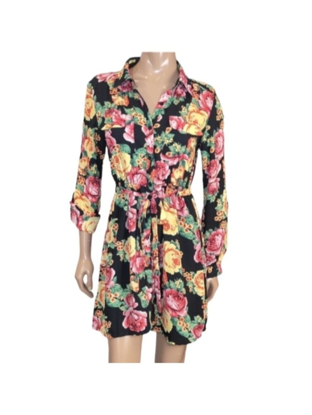 Seductions by Sirens Floral Belted Shirt Dress Black Yellow Womens Size Medium